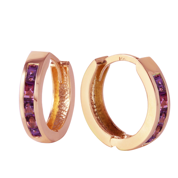 14K. SOLID GOLD HOOP HUGGIE EARRING WITH AMETHYSTS (Rose Gold) - Picture 2 of 2